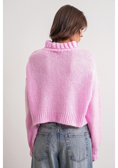 Hiccup Mixray Kalın Boğazlı Dokulu Crop Kazak Toz Pembe