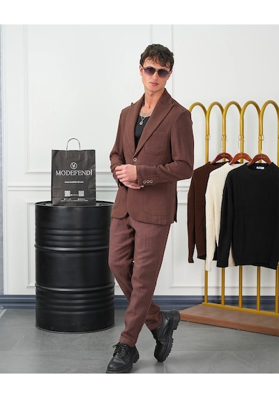 Modefendi %100 Pamuk Keten Modern Fit Örgü Kemer Detaylı Keten Takım Elbise Kahverengi Modefendi %100 Pamuk Keten Modern Fit Örgü Kemer Detaylı Keten Takım Elbise Kahverengi