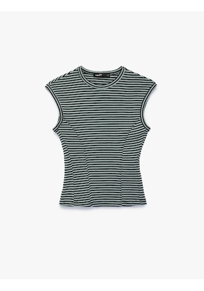 Koton Slim Fit Pamuklu Ribana Bisiklet Yaka Kolsuz Çizgili Tişört Yeşil Çizgili 7wak10023pk