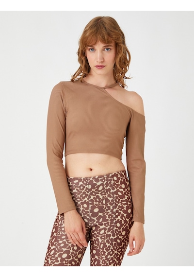 Koton Crop Tişört Uzun Kollu Pencere Detaylı Kahverengi 3wal10196ık 3WAL10196IK536 Kahve