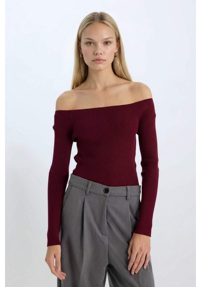 Defacto Fitted Açık Omuz Basic Düz Bordo Triko Kazak E0314AX24WNBR115 Bordo