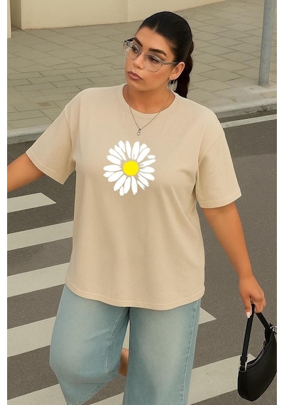 Büyük Beden Papatya Baskılı Unisex Tişört Bej