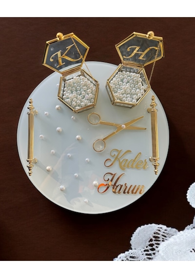 Beloved Gold Beyaz İncili Söz Tepsisi Nişan Tepsisi Ve Damat Kahve Fincan Tepsisi Gold Gold