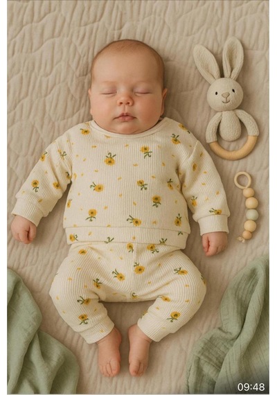 Altıntaş Baby Papatya Desenli Waffle Kumaş Oversize 2'li Kız Bebe Takımı Vanilya Vanilya