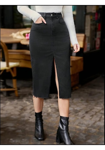 Pass&pass 6106 Kadın Likralı Önden Yırtmaçlı Jeans Kot Denim Etek Siyah