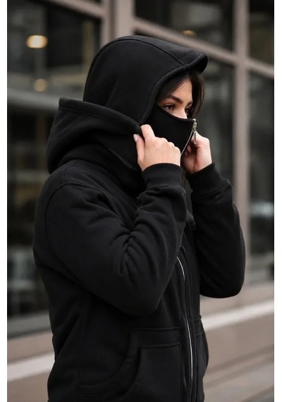 DefyModa Maskeli Ninja Model Çift Kapüşonlu 3 İplik Şardonlu Fermuarlı Oversize Sweatshirt - Siyah