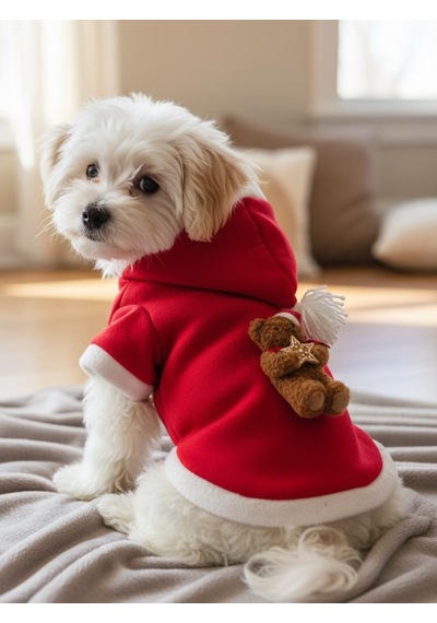 Uncle Teddy Kırmızı Xmas Köpek Kıyafeti Kapüşonlu Polar Noel Sweatshirt Küçük Irklar İçin