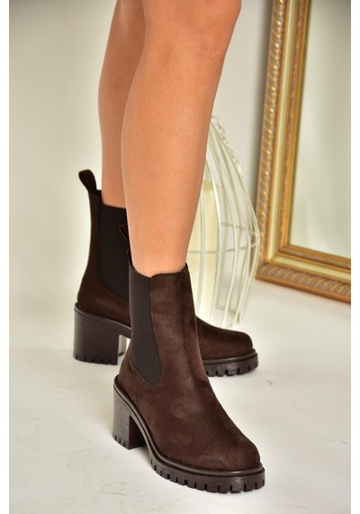 Fox Shoes T726981602 Kahverengi Süet Lastikli Kalın Topuklu Kadın Bot Kahverengi-süet Kahverengi