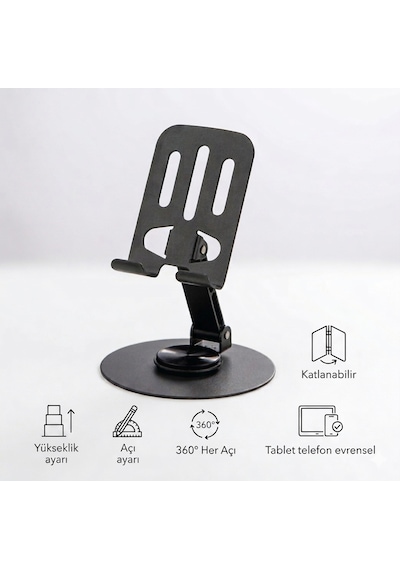 360 Ayarlanabilir Katlanabilir Telefon & Tablet Standı Yükseklik Ve Açı Ayarlı Masa Üstü Tutucu Siyah