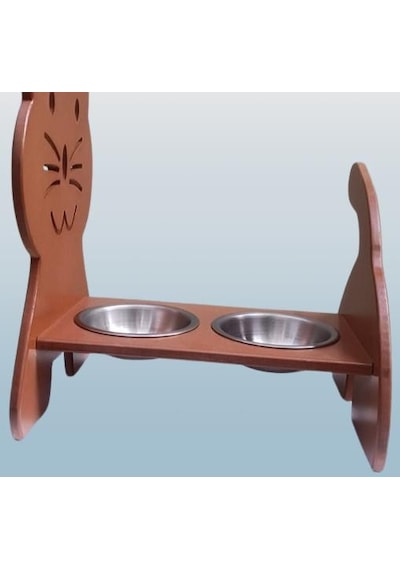 Hobi Erc 90373 Model Kedi Mama Ve Su Kabı Seti Mdf Ceviz Renk Paslanmaz Tabak