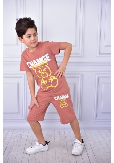 Veramoni Unisex Change Baskılı Çocuk Kısa Kol Yazlık Beli Lastikli Cepli Şort Alt Üst Takım Kiremit Rengi