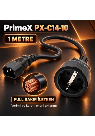 Primex Px-c14-10 Schuko, 1 Metre 3x1.5mm Ups/psu Schuko Çevirici Kablo, Ups Priz Çevirici 3x1.5mm Kalın Kablo, Kısa Schuko Kablo Full Bakır