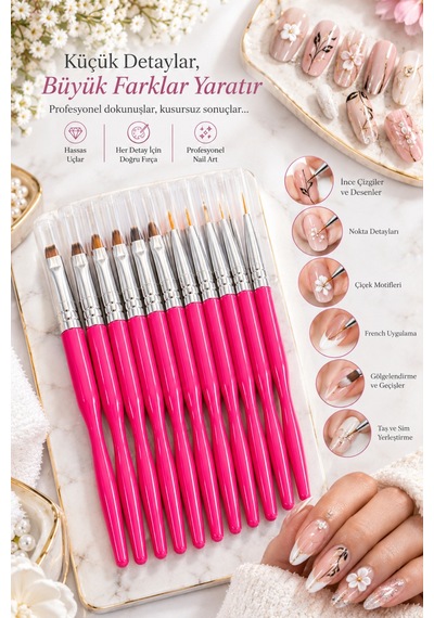Tırnak Süsleme Fırçası Profesyonel Yüksek Kalite 10'lu Nail Art Fırça Seti - Pembe Protez Tırnak Fır Easy Beauty