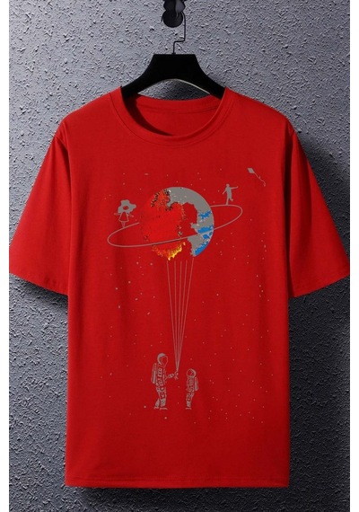 Unisex Evren Temalı Baskılı T-shirt Kırmızı
