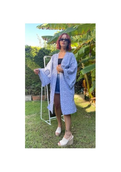 Lila Mare Pamuk Kumaşlı Handmade Homewear & Beachwear Kimono Renkli Renkli