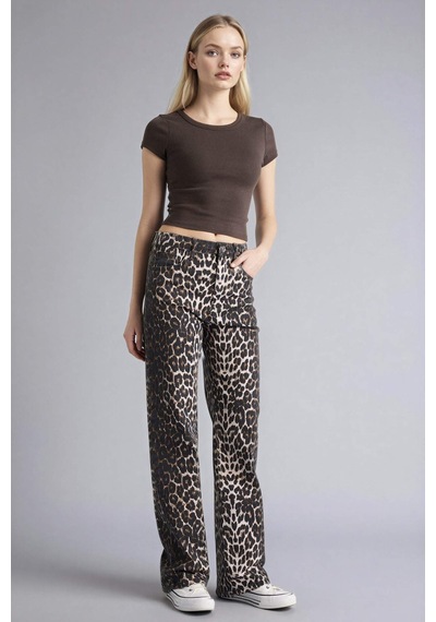 Defacto Straıght Fıt Yüksek Bel Leopar Desenli Gabardin Pantolon D1229ax26spbk81 Siyah-bk81