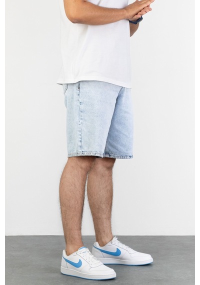 HLT Jeans Erkek Mavi Kar Yıkamalı Baggy Fit Rahat Kesim %100 Pamuk Denim Loose Jeans Kot Şort Arthur-Mavikar 001