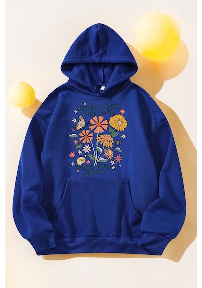 Flowers Baskılı Oversize Sweatshirt Mavi
