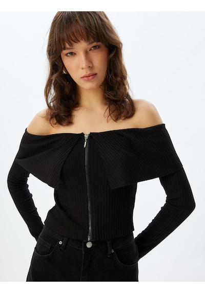 Koton Omzu Açık Triko Yelek Fermuarlı Uzun Kollu Slim Fit Siyah 5wak30045ek Siyah