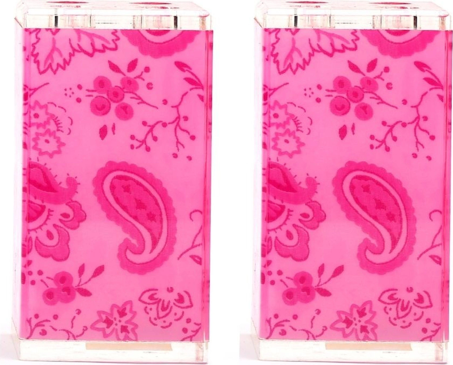 2 Adet Diş Fırçalık Pembe Çiçekli Akrilik 6x6x12cm Banyo Seti Çok Renkli