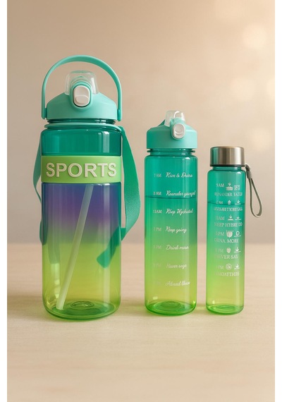 Sports Renkli Akrilik Spor 3lü Motivasyon Suluk Matara 3adet 2000ml 900ml 350ml Turkuaz
