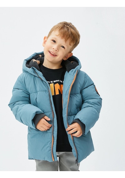 Koton Erkek Bebek Kapşonlu Şişme Mont Fermuarlı Peluş Astarlı Mavi
