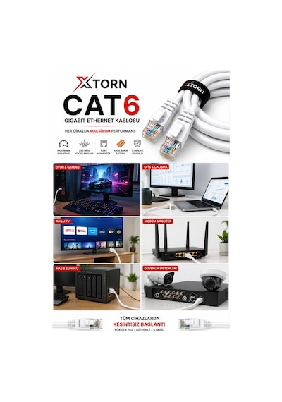 Torn Cat6 Ethernet Kablosu 1 Metre Rj45 Lan İnternet Modem Router Bilgisayar Kablosu