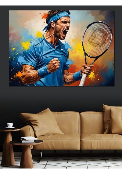 Tenis Maçında Hırslı Erkek Oyuncu Dekoratif Kanvas - Mdf Ahşap Tablo