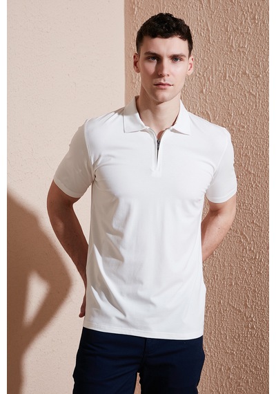 Buratti Pamuklu Regular Fit Yarım Fermuarlı Erkek Polo Yaka T Shirt 5902972 Ekru