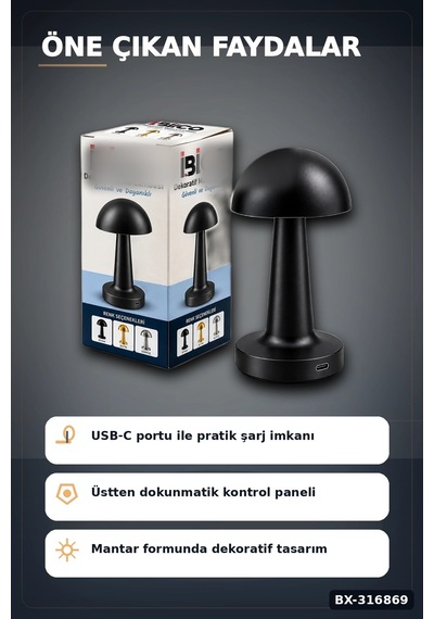 Mantar Masa Lambası Dokunmatik Usb Type-c Şarjlı Oval Dekoratif Siyah Başucu Aydınlatma Bx-316869 Diğer