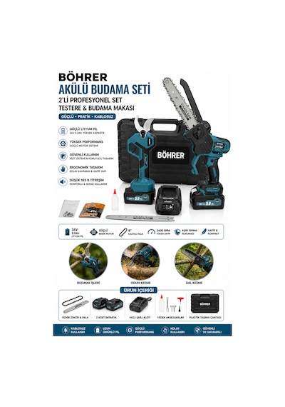 Böhrer Ba011384 2 Akülü 50mm Budama Makası Ve 20cm Kömürsüz Budama Testeresi - 10pilli