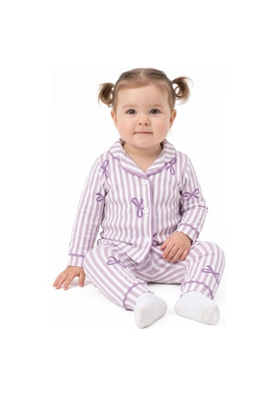 Bebegen Kız Bebek Beyaz Lila Fiyonklu Çizgili Pijama Takımı