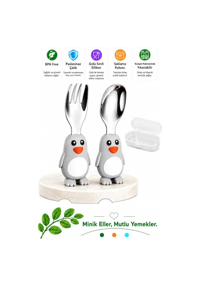 Penguen Figürlü Premium Çocuk Bpa Free Silikon Sap Paslanmaz Çelik Uçlu Çatal-kaşık Set 9+ Ay