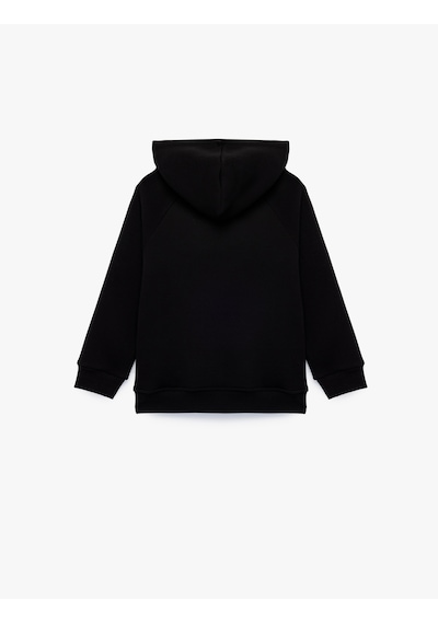Koton Baskı Detaylı Pamuklu Cepli Üç İplik Şardonlu Kapşonlu Fermuarlı Sweatshirt Siyah 7wkb10228tk