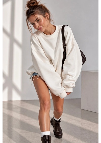 Bb Butik Basic 3 İplik Oversize Salaş Basic Sweatshirt Bisiklet Yaka My3535 beyaz