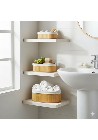3'lü Oval Bambu Sepet Krem