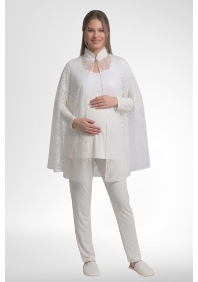 Mecit Pijama Mecit 6402 Kadın Elegant Ekru Dantel Pelerin Lohusa Pijama Takımı