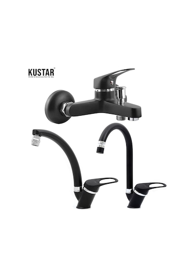 Kustar Siyah OLİGRA 3'lü Mix Batarya Takımı Lavabo Banyo Mutfak Siyah