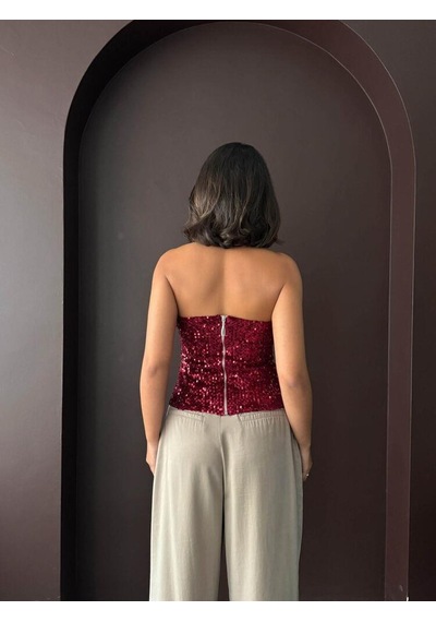 Ckm Moda Rubina Payetli Straplez Bluz Bordo