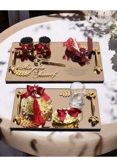 Harmony Gold Söz Nişan Tepsisi Ve Damat Kahve Fincan Tepsisi Kırmızı Kırmızı