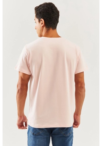 Erkek Oversize Rahat %100 Pamuklu Penye Bisiklet Yaka Kısa Kol Basic T-shirt Pudra