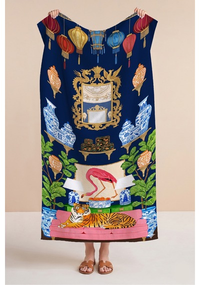 Egzotik Kaplan Temalı Lacivert Plaj Havlusu - Maksimalist Chinoiserie Dekor Mikrofiber Havlu Sakin Zambak