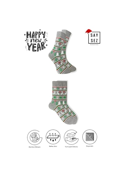 Saysez Bambu Renkli Desenli Yılbaşı Çorabı Unisex Hediyelik Çorap GRİ MELANJ