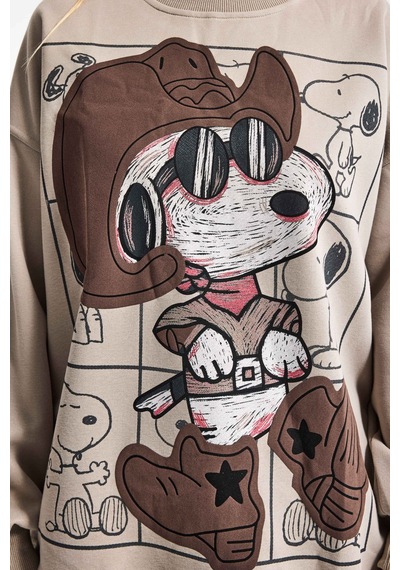 it's basic  Kadın Ekru Bej W5 Oversize Baskılı %100 Koton Organik Kumaş Sweatshirt