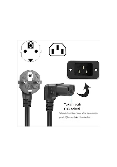C13 Power Kablo - Yukarı Dik Açı 90 Derece Dirsek L Tip - Standart Güç Kablosu - 1.8 Mt