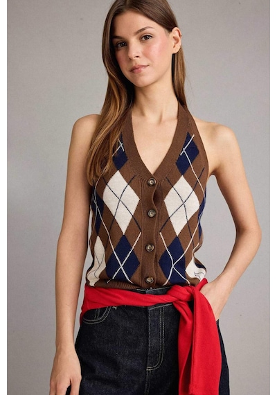 Defacto Slim Fit Dar Kesim Halter Yaka Baklava Desenli Yelek G7503ax25wnbn214 Kahve-bn214