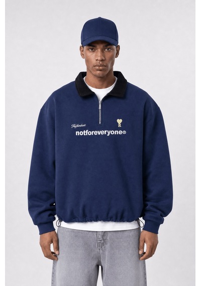 Respire Erkek Not For Everyone Nakışlı Polo Yaka Oversize Sweatshirt Lacivert