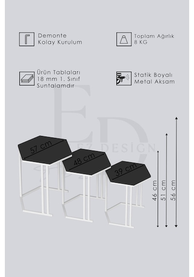 Tokyo 3'lü Zigon Sehpa Siyah Metal - Atlantik Çam Tabla