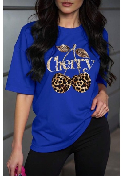 Gold Cherry Kadın Oversize Ön Baskılı Bisiklet Yaka Pamuklu T-shirt Rahat Kesim Sax Mavısı