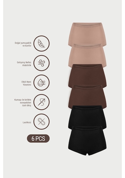 Auw Kadın Lastiksiz Pamuklu Modal Basic Boyshort 6'lı - Softfit Latte,bitter,siyah